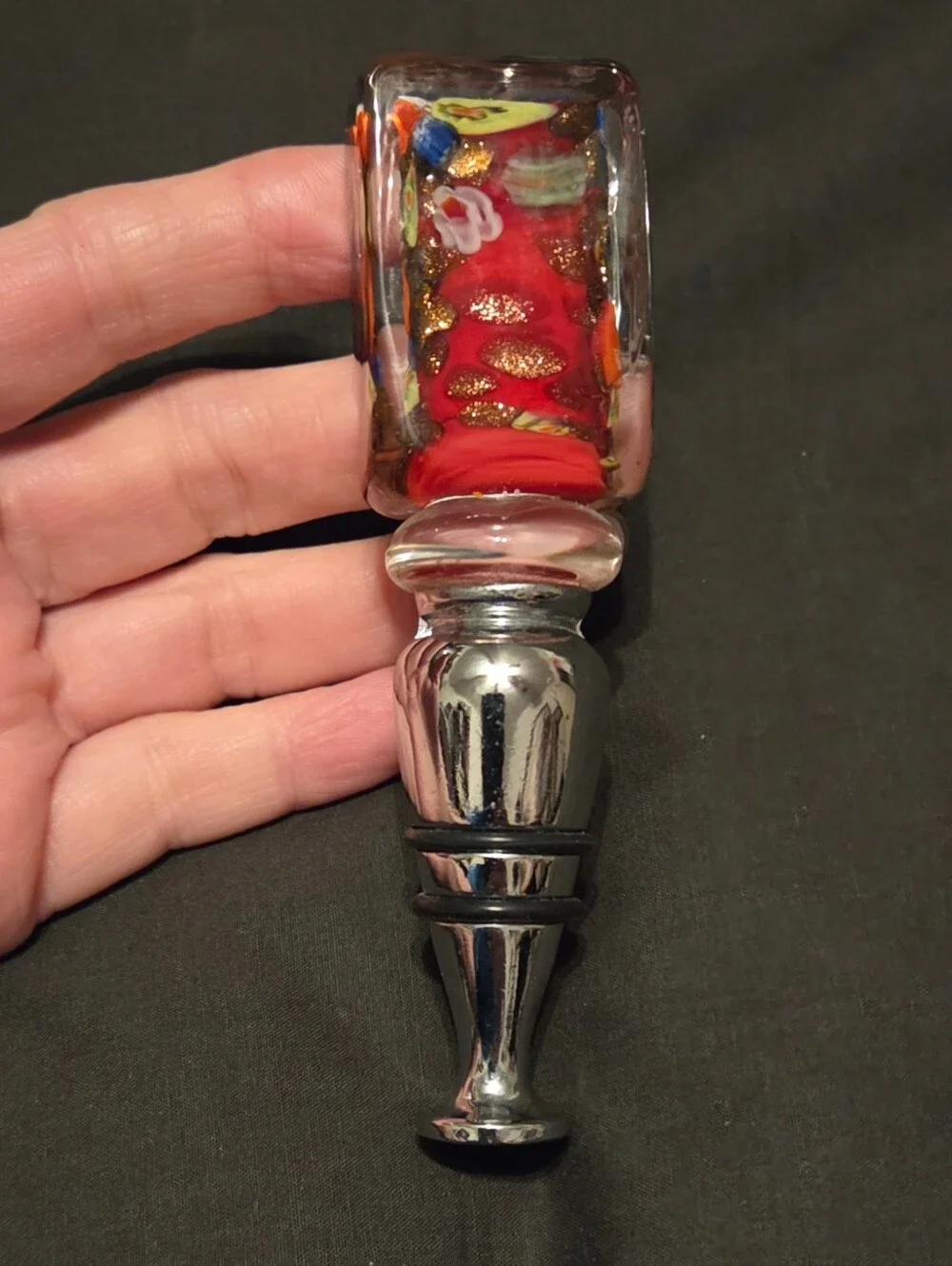 Venetian-style Art Glass Millefiori and Chromed Metal Wine Bottle Stopper